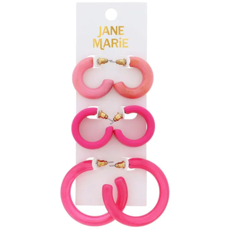 Set of 3, Pink Mix Resin Hoop Earrings, 1", 1", 1.65" Top to Bottom Wide sold by Charming Charlie