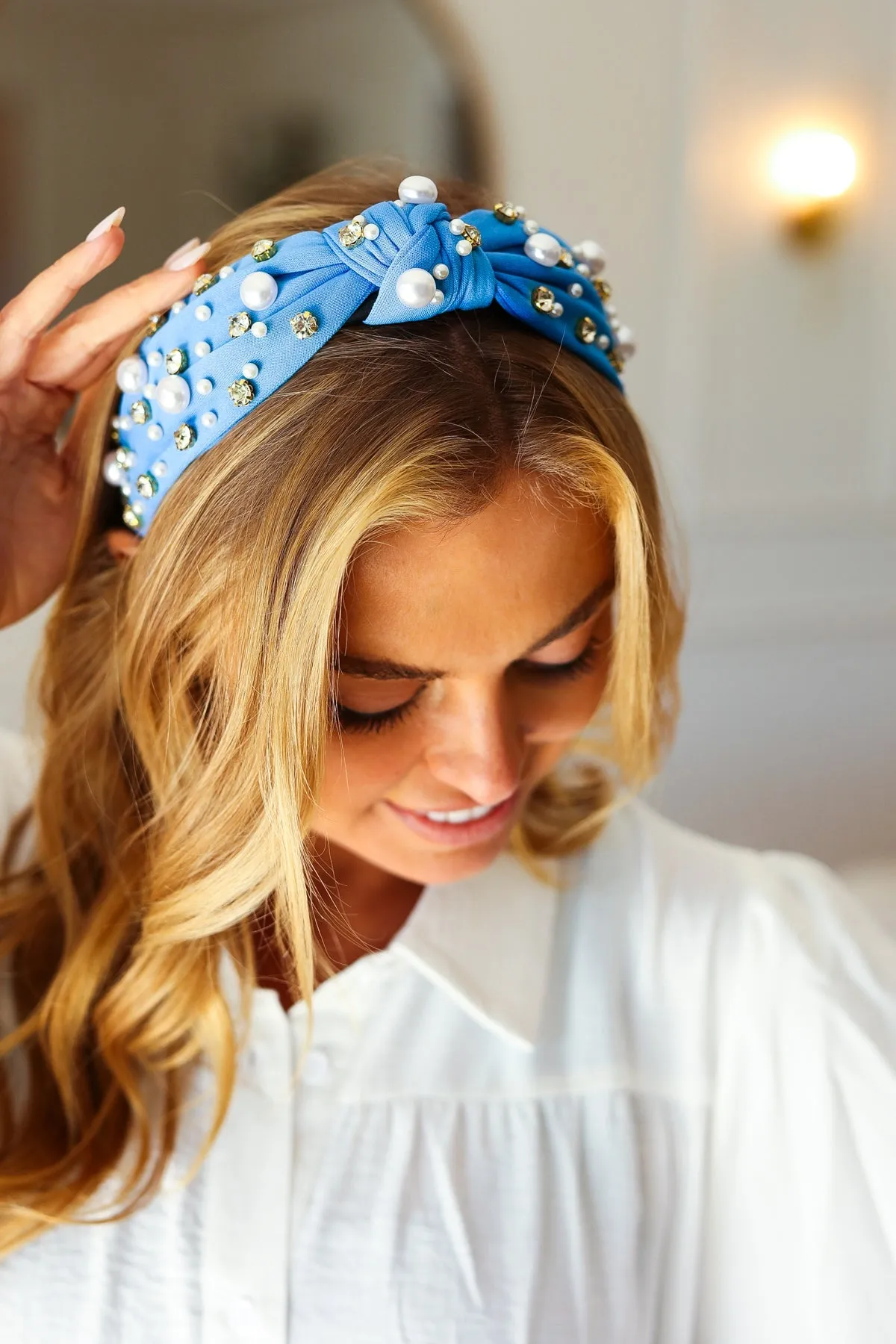Azure Blue Pearl & Jewels Top Knot Knit Headband sold by Charming Charlie product image thumbnail 2