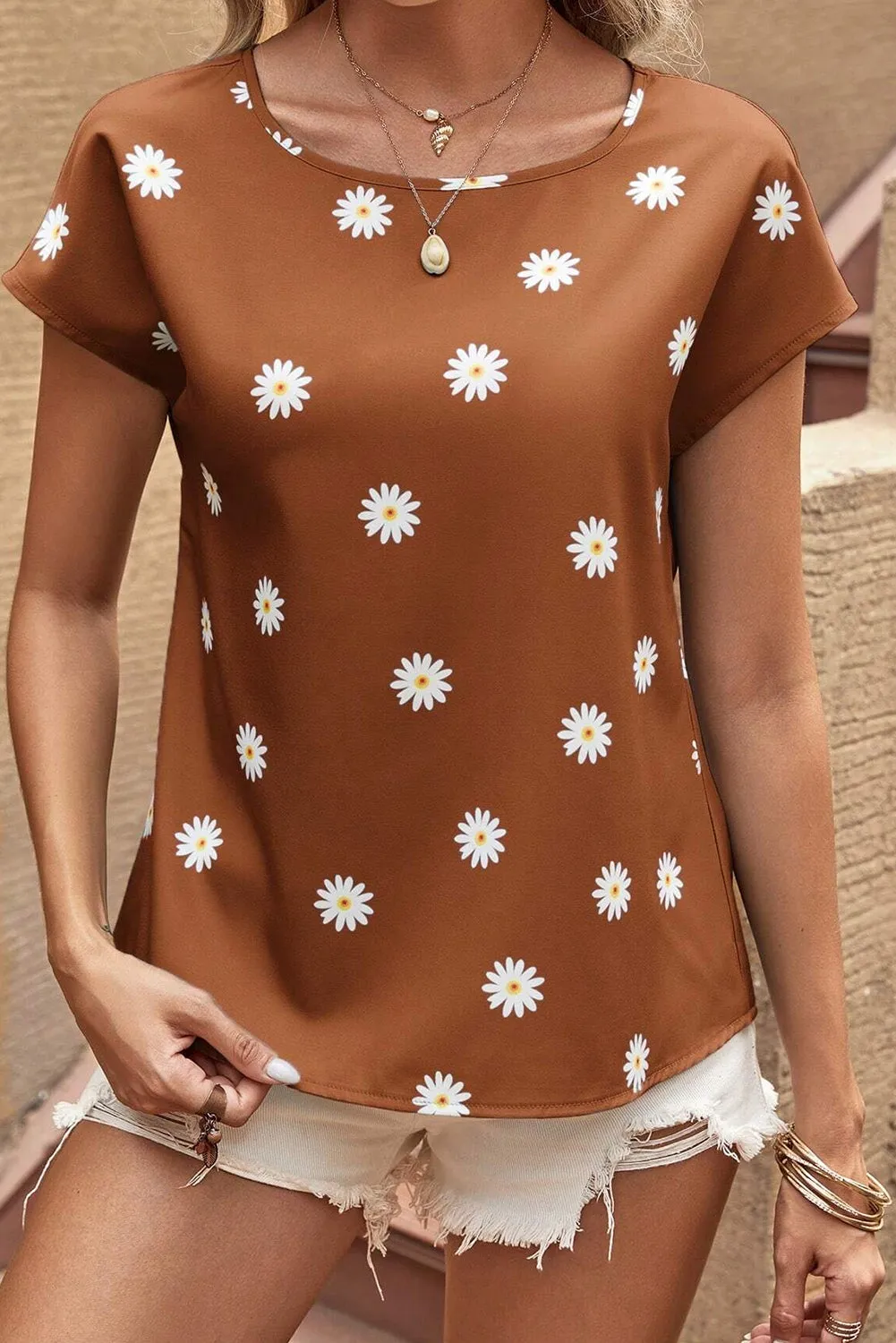 Daisy Printed Round Neck Short Sleeve Blouse sold by Charming Charlie product image thumbnail 2