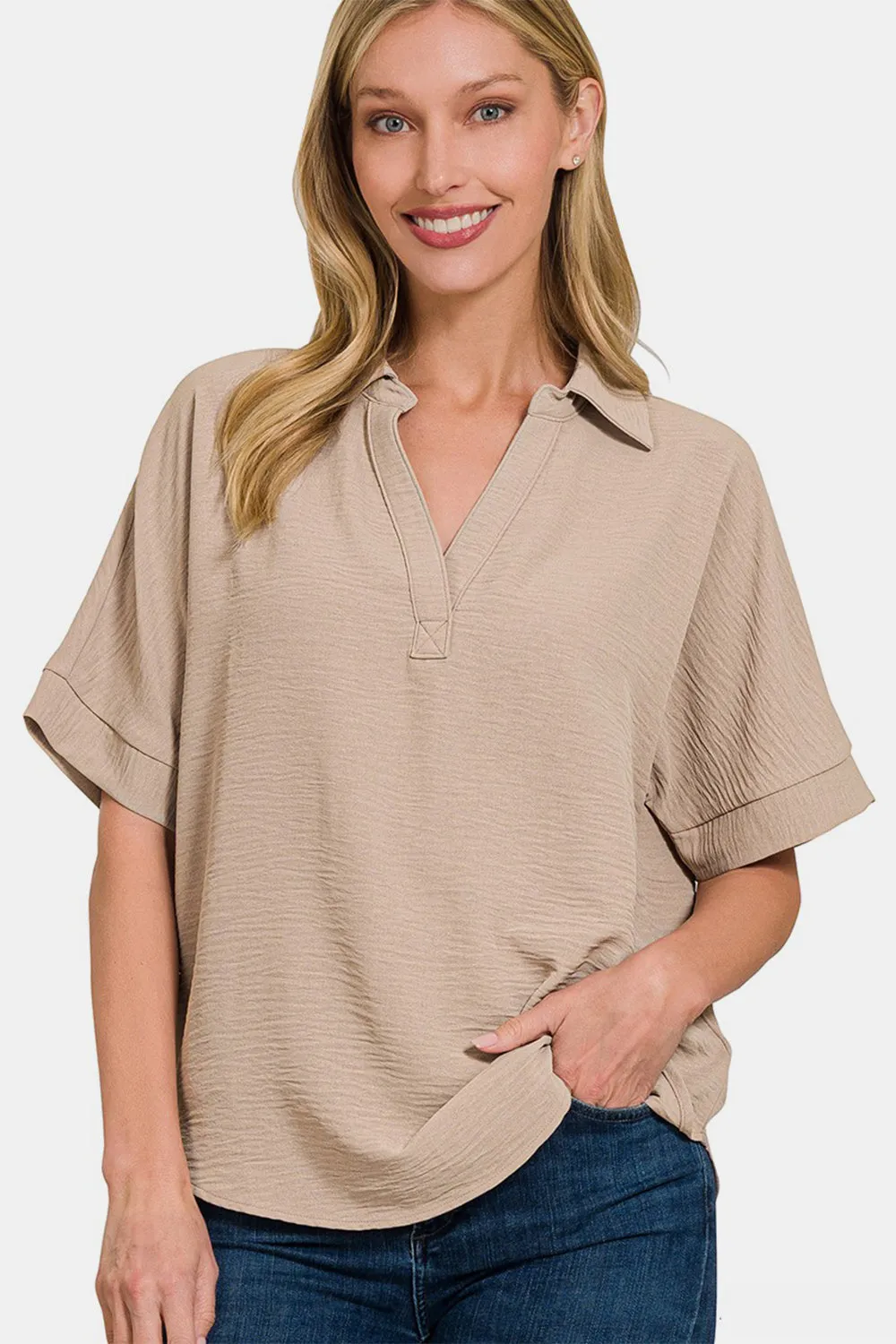 Zenana Texture Collared Neck Short Sleeve Top sold by Charming Charlie