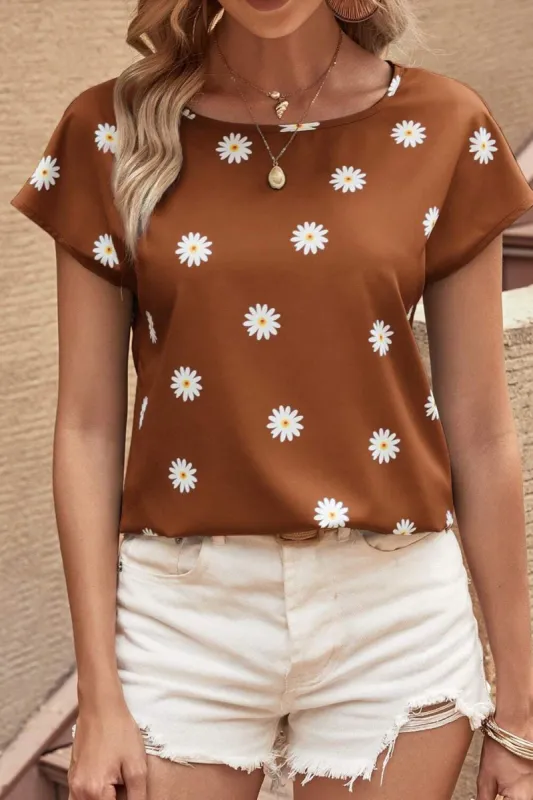 Daisy Printed Round Neck Short Sleeve Blouse sold by Charming Charlie