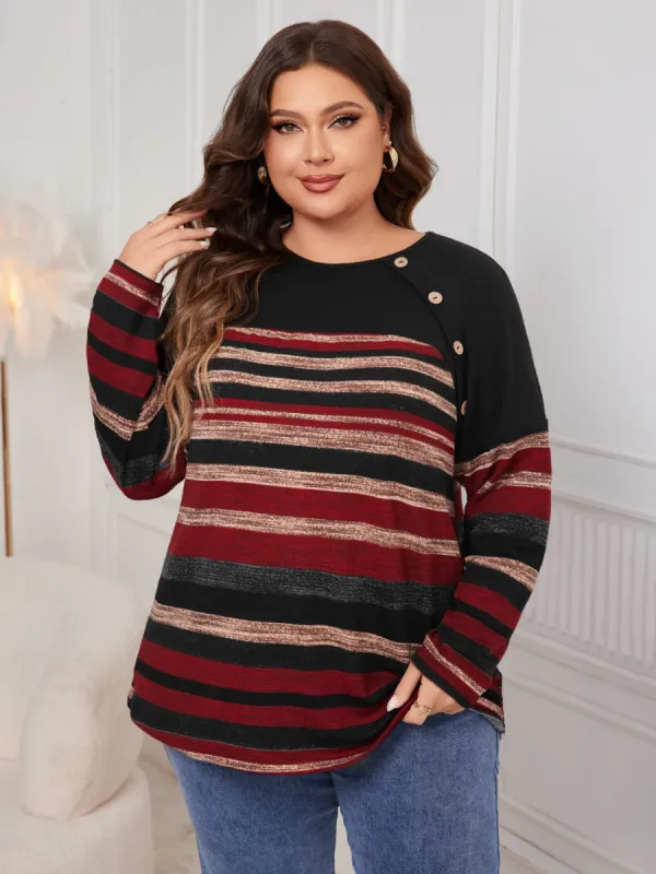 Plus Size Decorative Button Striped Round Neck Long Sleeve T-Shirt sold by Charming Charlie