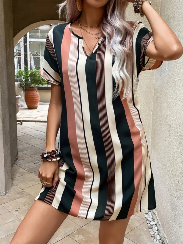 Contrast Stripes Notched Short Sleeve Mini Dress sold by Charming Charlie