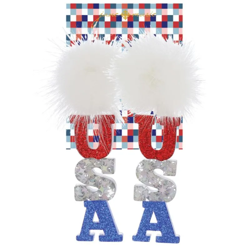 Fluffy White Pom Post with "USA" in Red, AB, & Blue Glitter Acrylic Earrings, 2.85" Top to Bottom sold by Charming Charlie