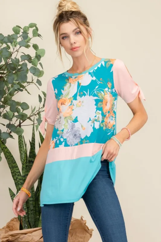 Celeste Full Size Open Tie Sleeve Floral Contrast Top sold by Charming Charlie