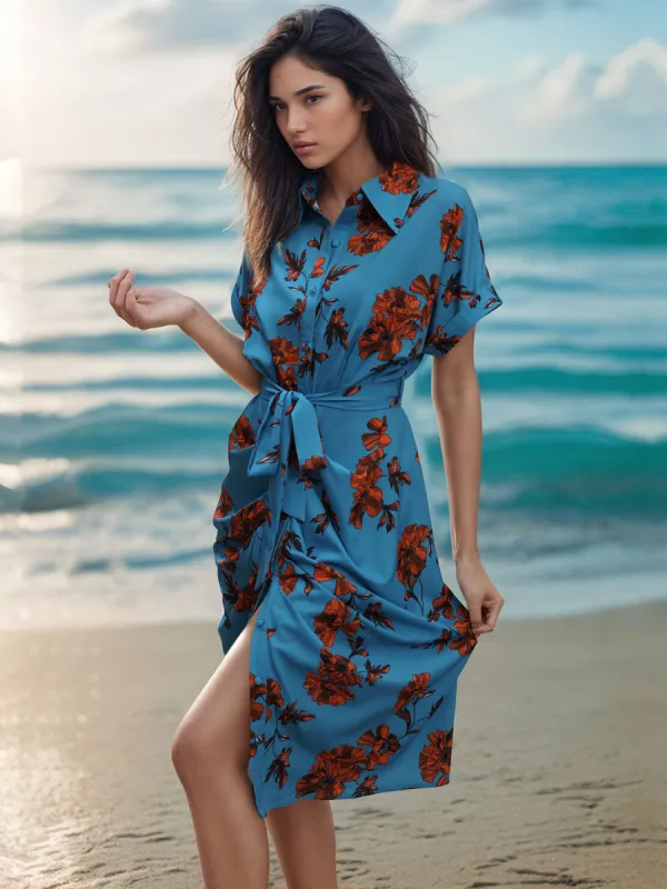 Tied Button Up Printed Short Sleeve Shirt Dress sold by Charming Charlie