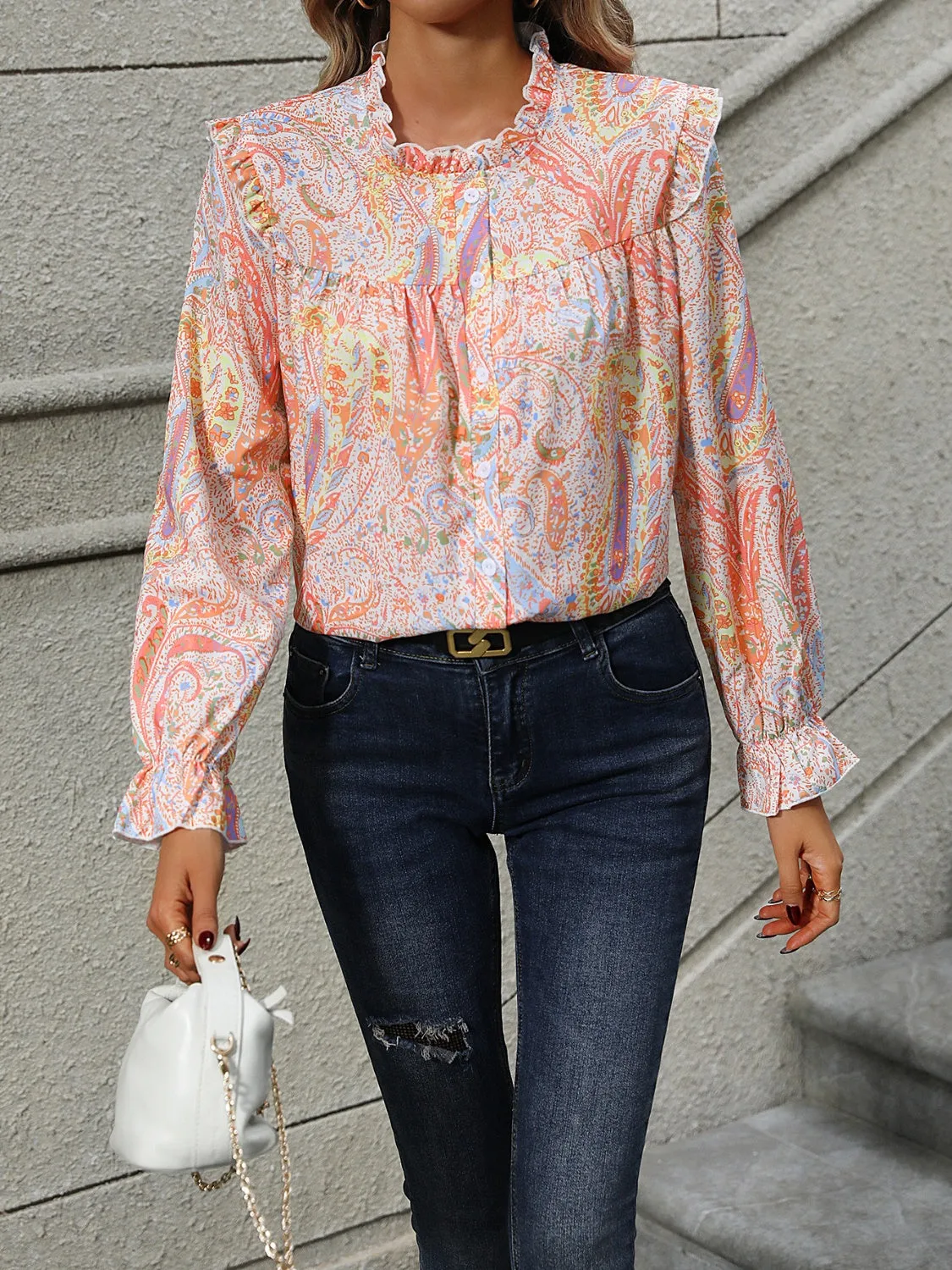Frill Printed Mock Neck Long Sleeve Shirt sold by Charming Charlie product image thumbnail 3