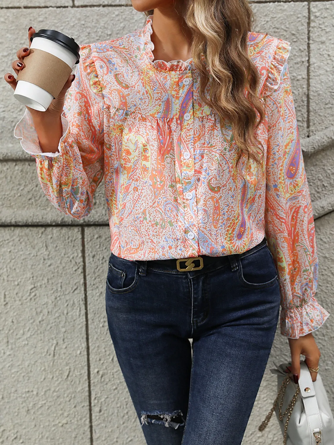 Frill Printed Mock Neck Long Sleeve Shirt sold by Charming Charlie product image thumbnail 4