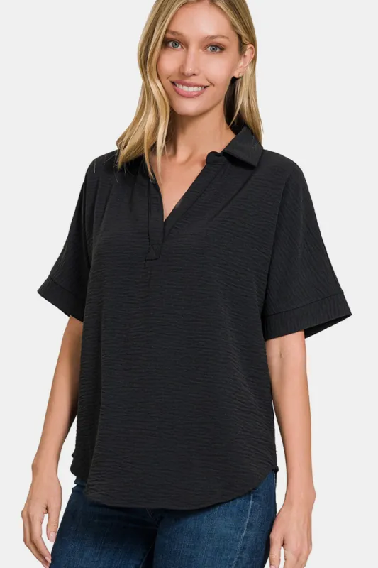 Zenana Full Size Texture Collared Neck Short Sleeve Top sold by Charming Charlie