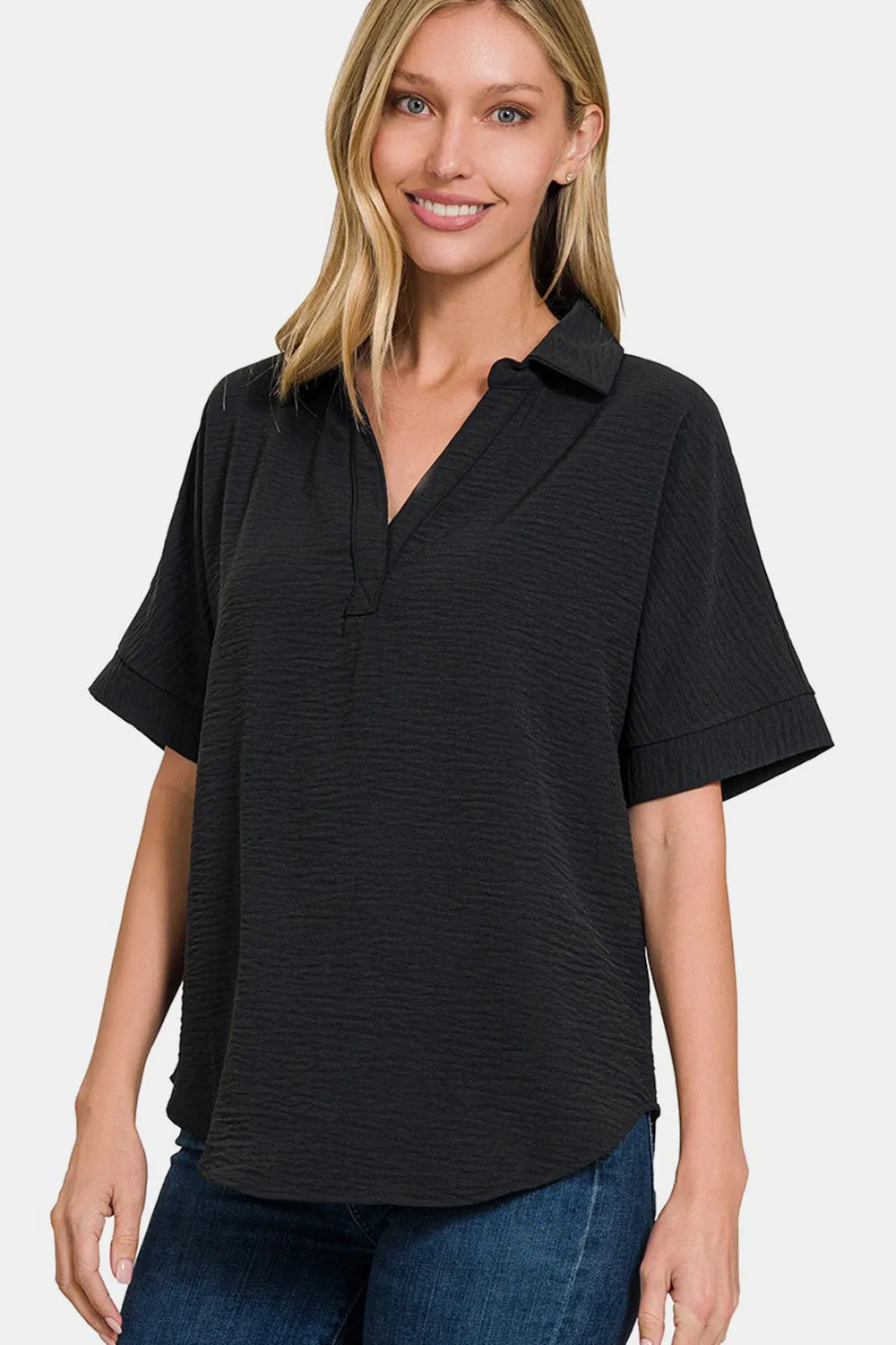 Zenana Full Size Texture Collared Neck Short Sleeve Top sold by Charming Charlie
