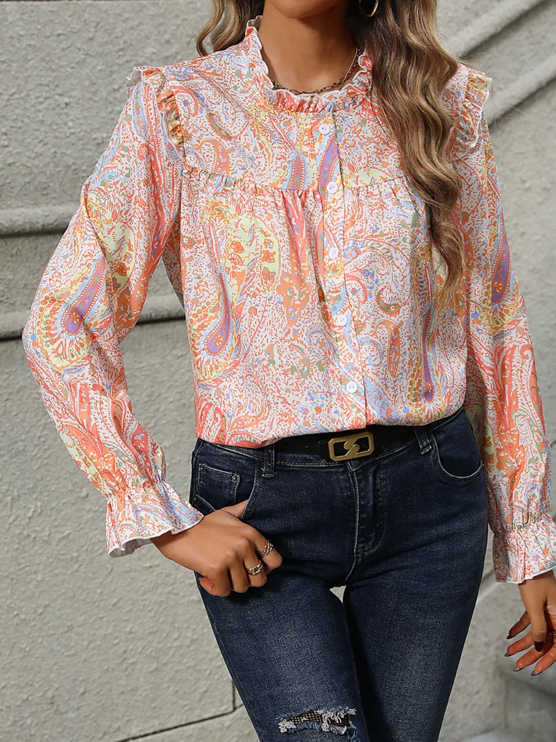 Frill Printed Mock Neck Long Sleeve Shirt sold by Charming Charlie product image thumbnail 5