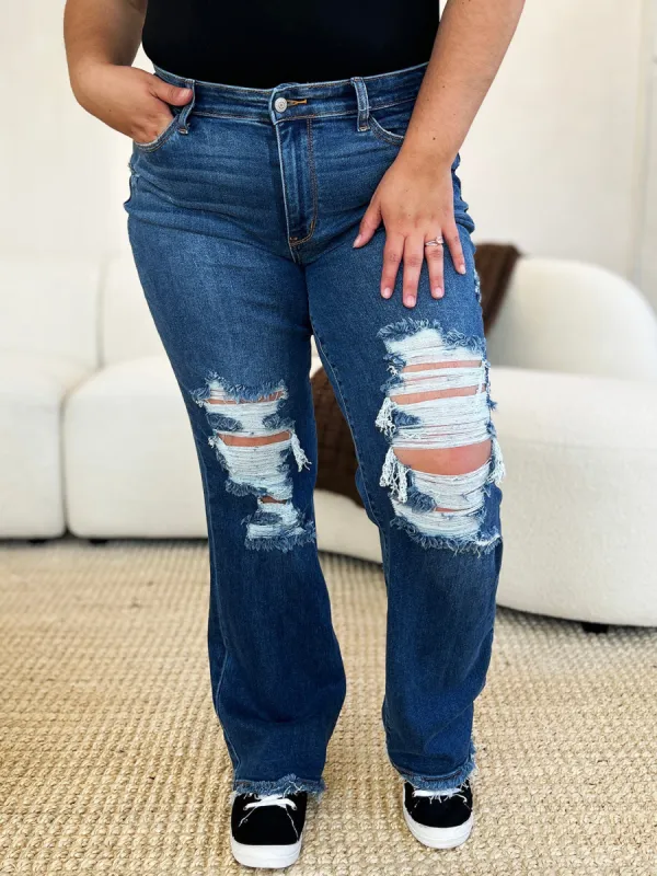 Judy Blue Full Size Mid Rise Distressed Raw Hem Jeans sold by Charming Charlie