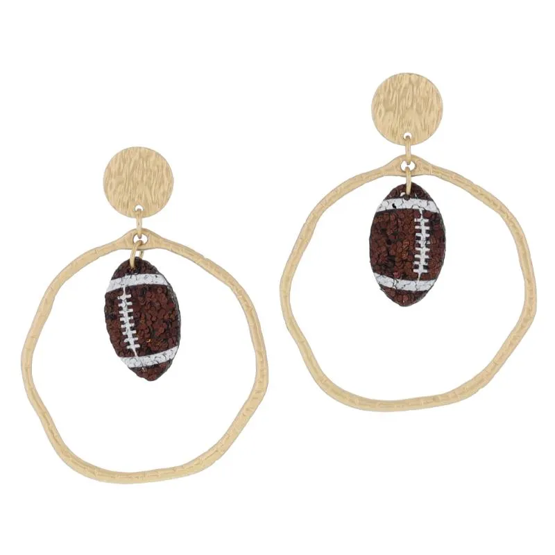 Gold Hammered Disc Post with Brown Glitter Football Inside Gold Ring Earrings, 2.35" Top to Bottom sold by Charming Charlie