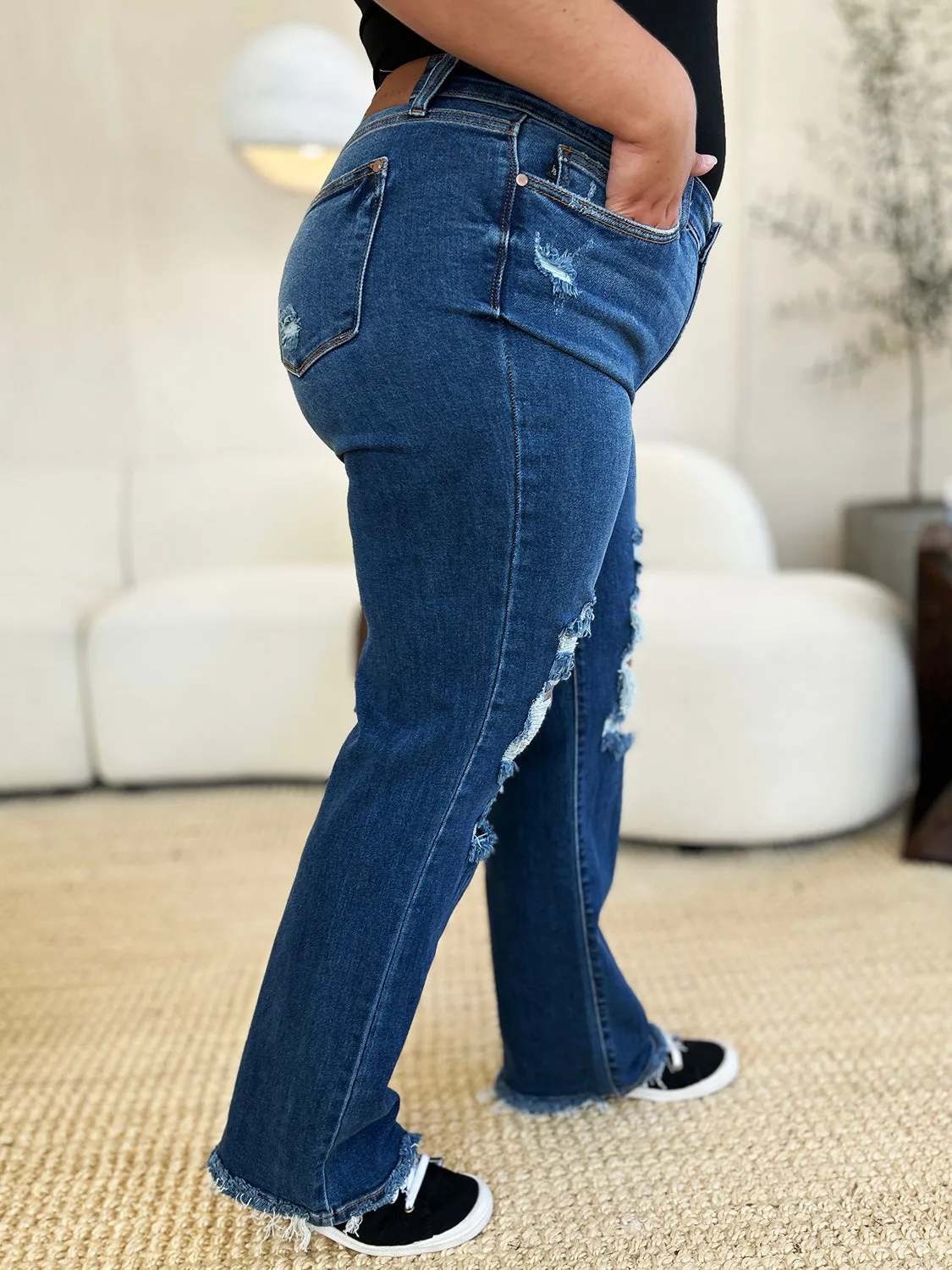 Judy Blue Full Size Mid Rise Distressed Raw Hem Jeans sold by Charming Charlie product image thumbnail 3