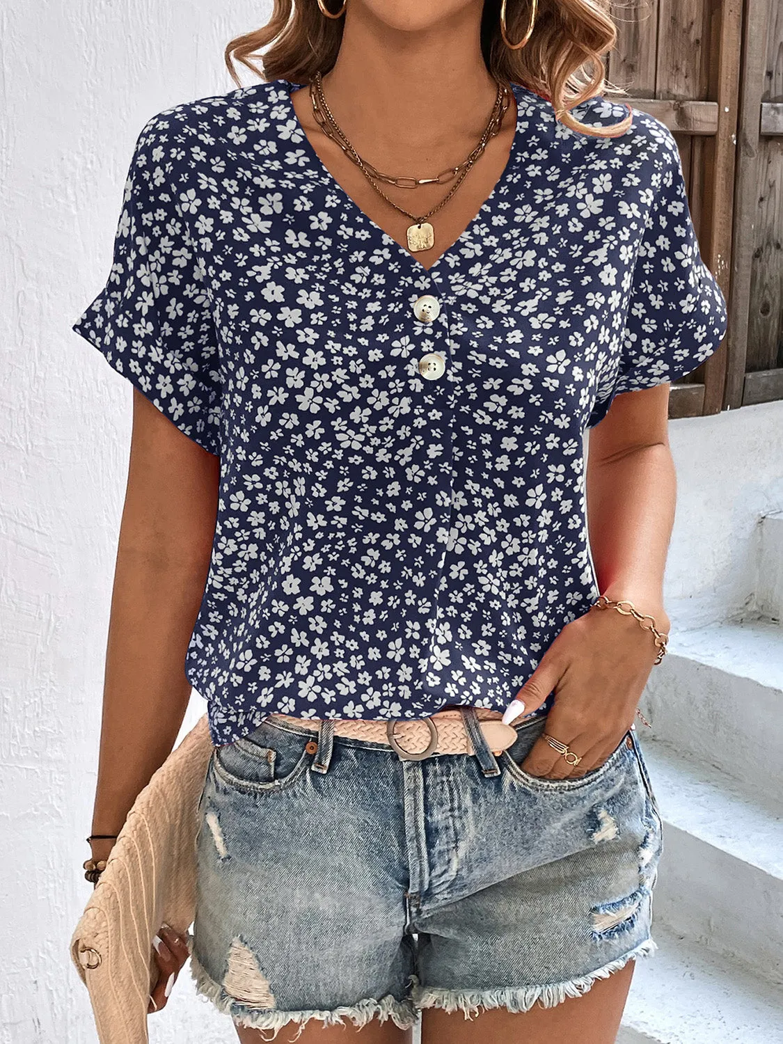 Printed V-Neck Short Sleeve Blouse sold by Charming Charlie product image thumbnail 4