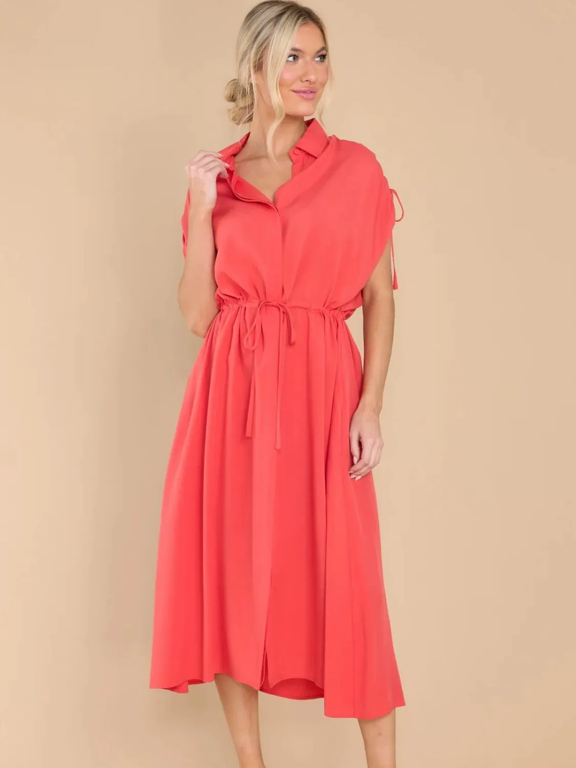 Drawstring Collared Neck Short Sleeve Midi Dress sold by Charming Charlie product image thumbnail 5