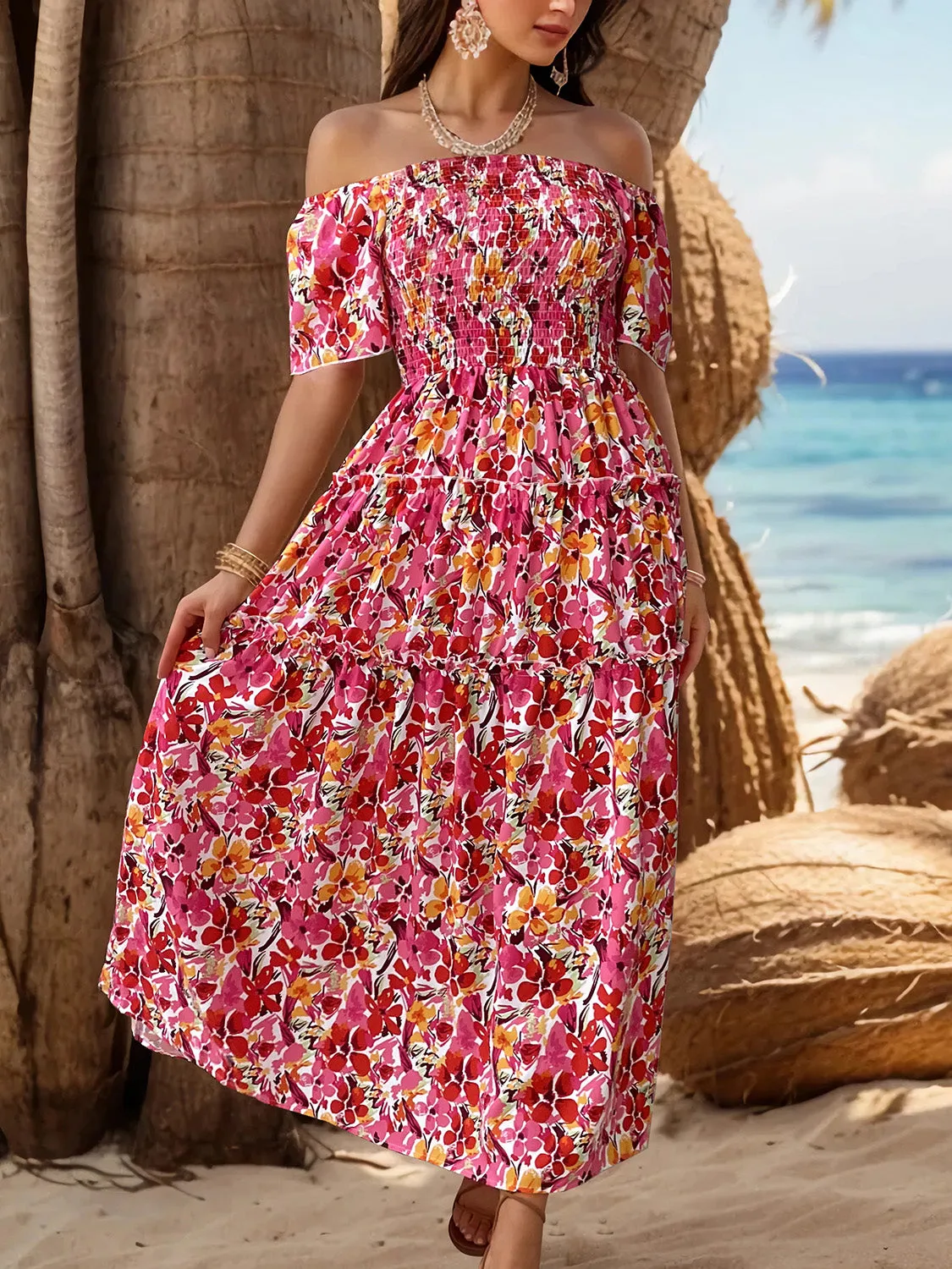Slit Floral Off-Shoulder Short Sleeve Dress sold by Charming Charlie product image thumbnail 4