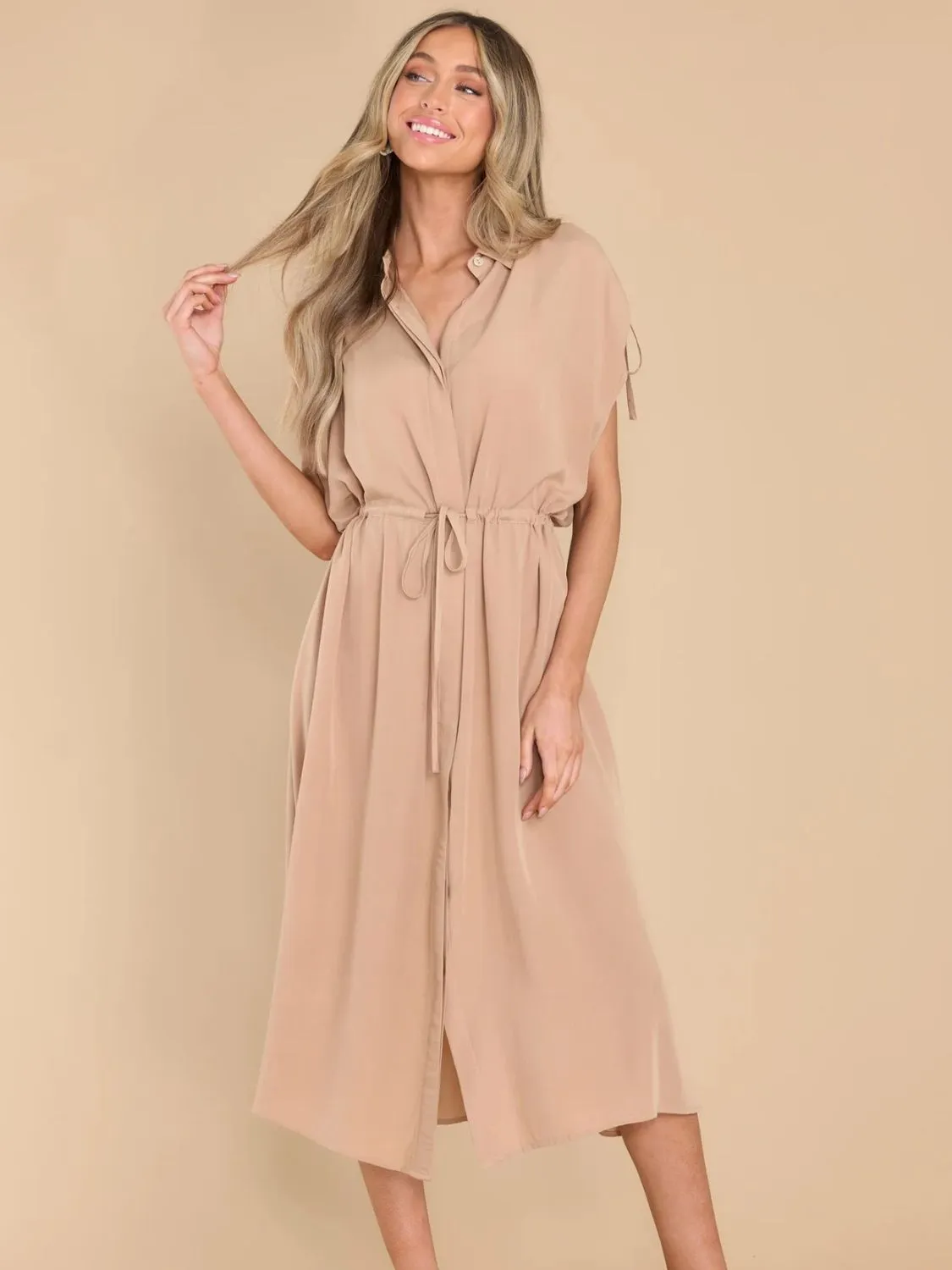 Drawstring Collared Neck Short Sleeve Midi Dress sold by Charming Charlie product image thumbnail 3
