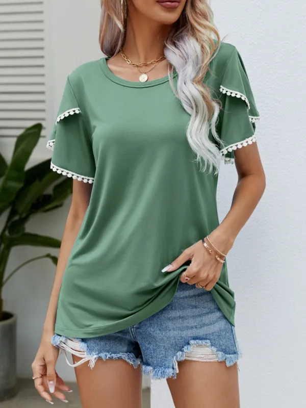 Pom-Pom Trim Flutter Sleeve Round Neck T-Shirt sold by Charming Charlie