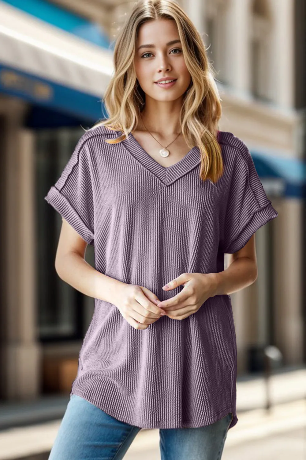 Heimish Full Size Exposed Seam Short Sleeve Ribbed Top sold by Charming Charlie product image thumbnail 3