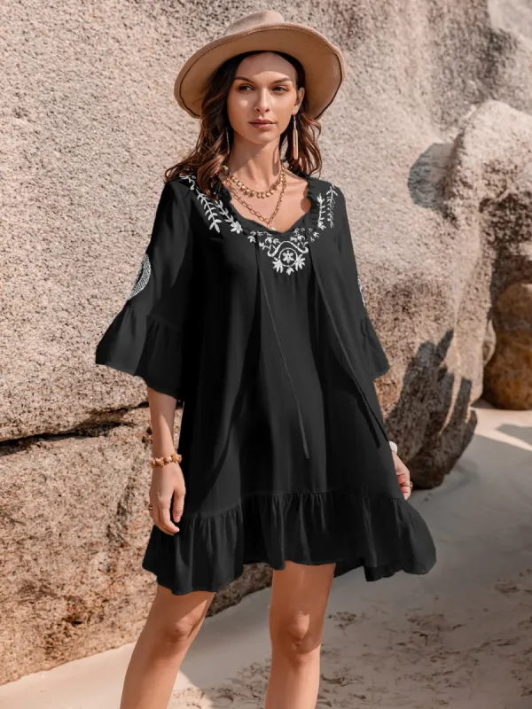 Printed Tie Neck Flounce Sleeve Mini Dress sold by Charming Charlie