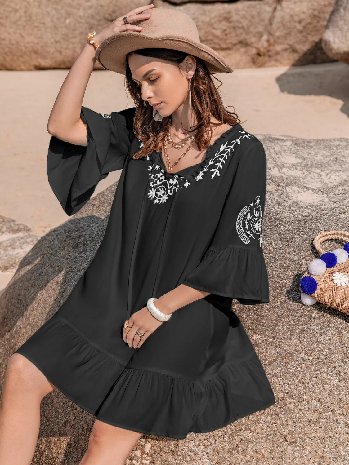 Printed Tie Neck Flounce Sleeve Mini Dress sold by Charming Charlie product image thumbnail 3