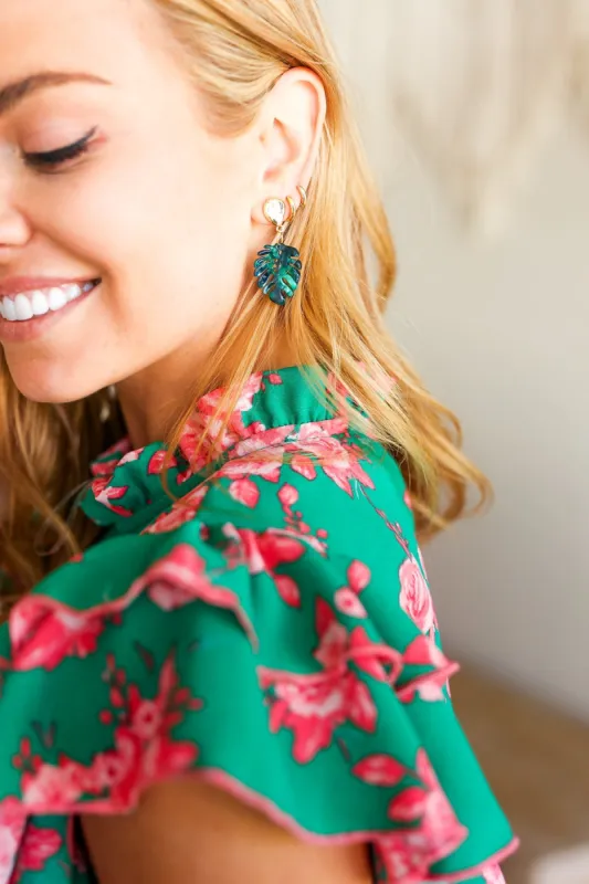 Emerald & Gold Monstera Leaf Dangle Earrings sold by Charming Charlie