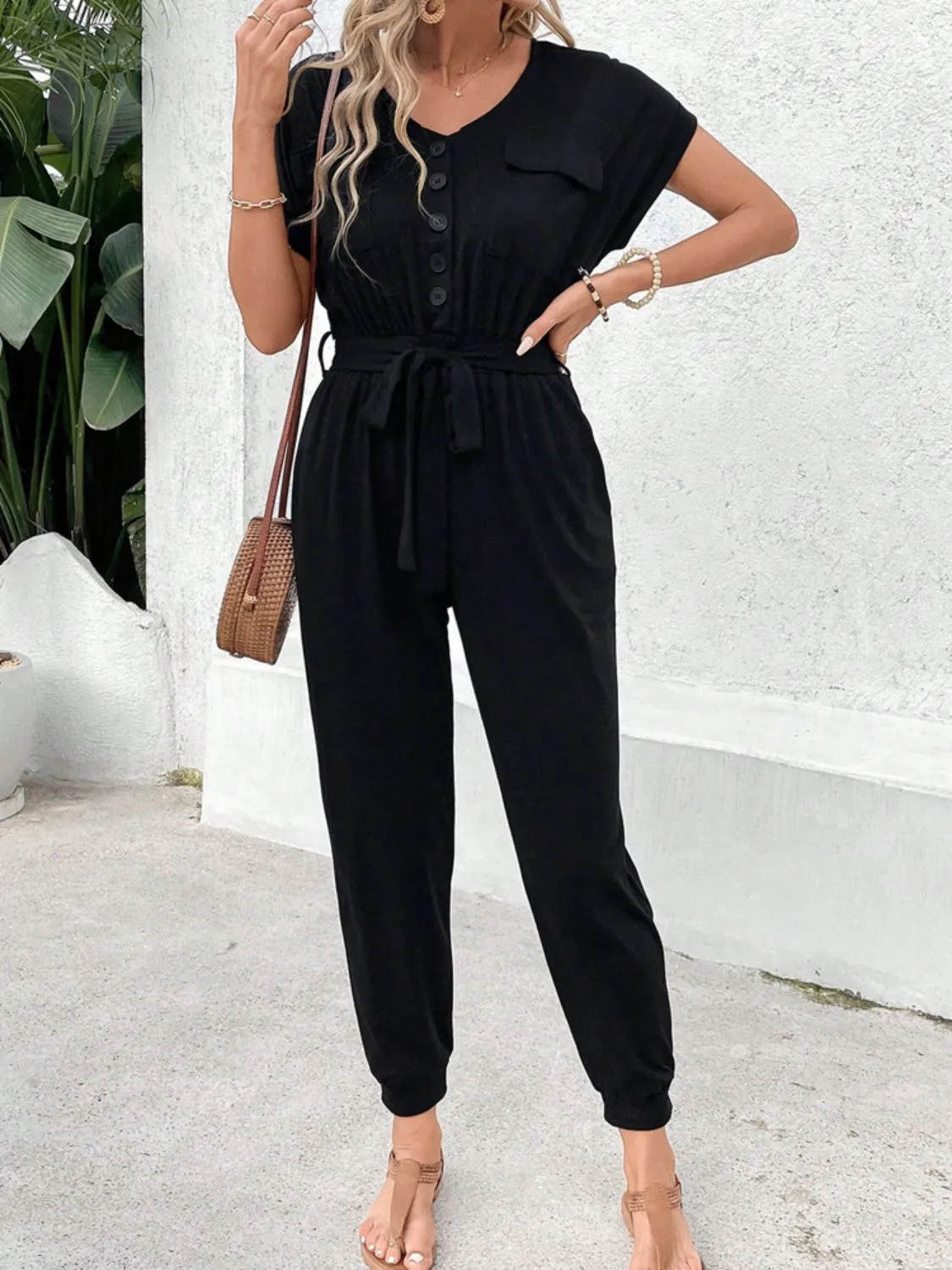 V-Neck Short Sleeve Jumpsuit sold by Charming Charlie product image thumbnail 3