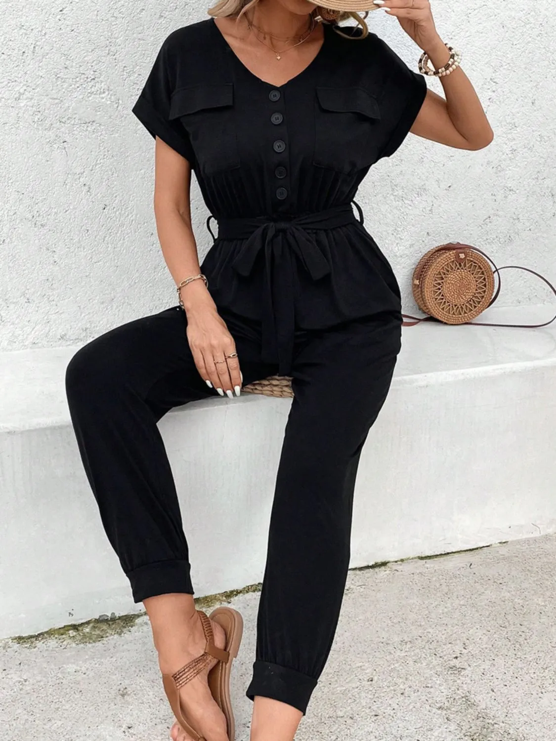 V-Neck Short Sleeve Jumpsuit sold by Charming Charlie product image thumbnail 5
