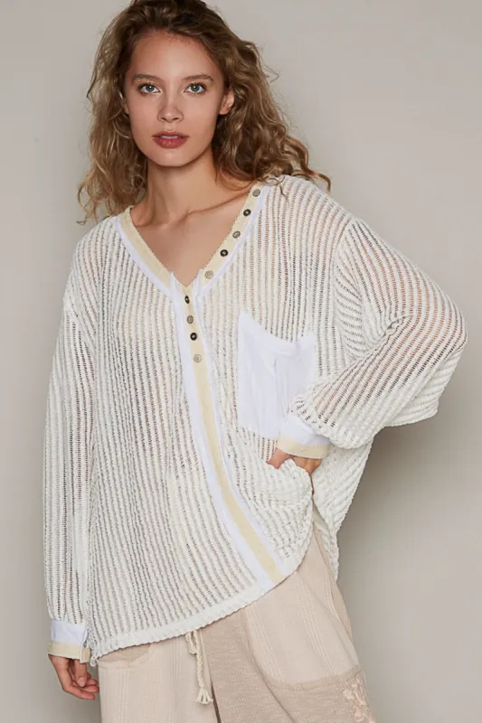 POL V-Neck Long Sleeve Crochet Top sold by Charming Charlie