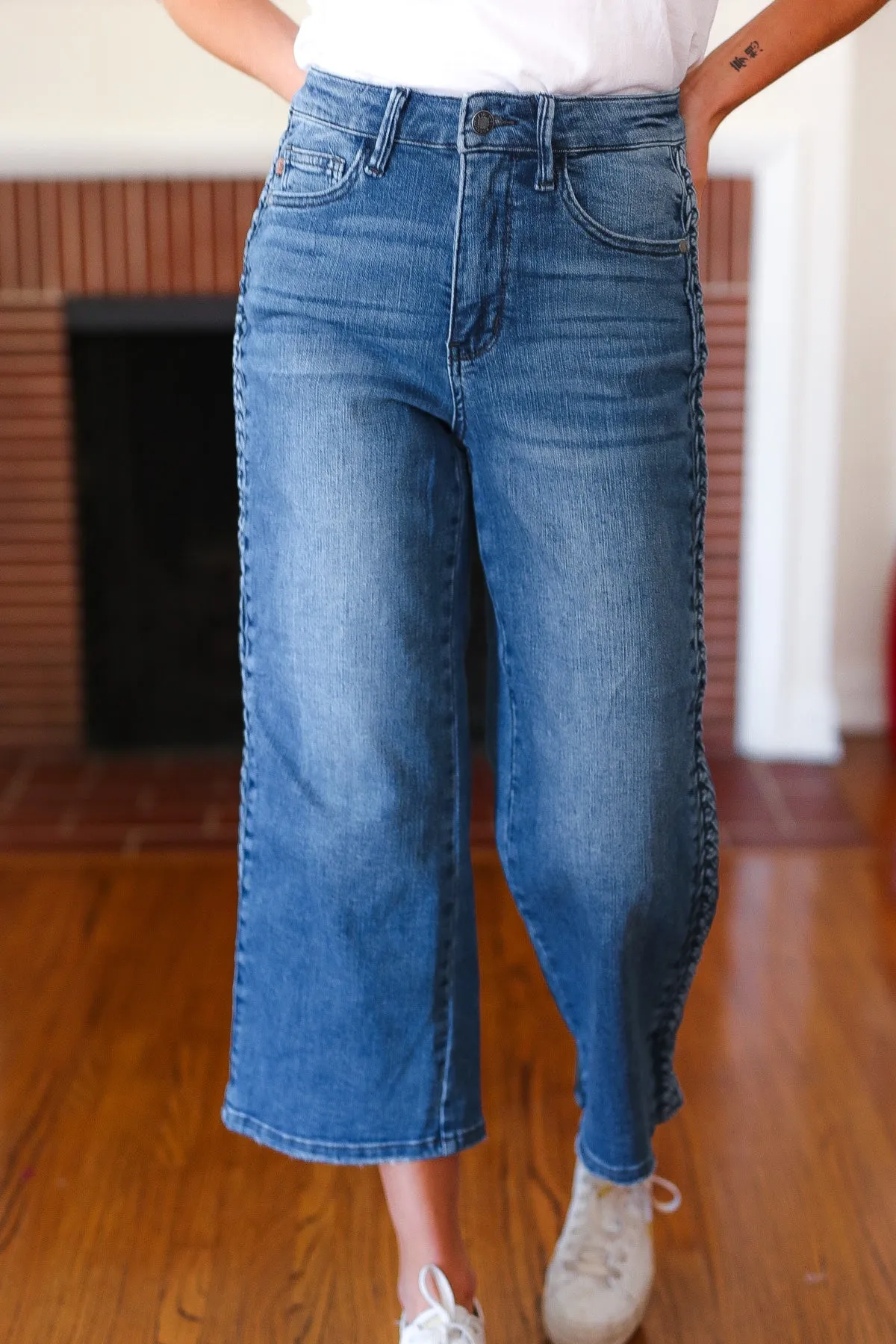 Judy Blue Medium Wash Braided Cropped Wide Leg Jeans sold by Charming Charlie product image thumbnail 5