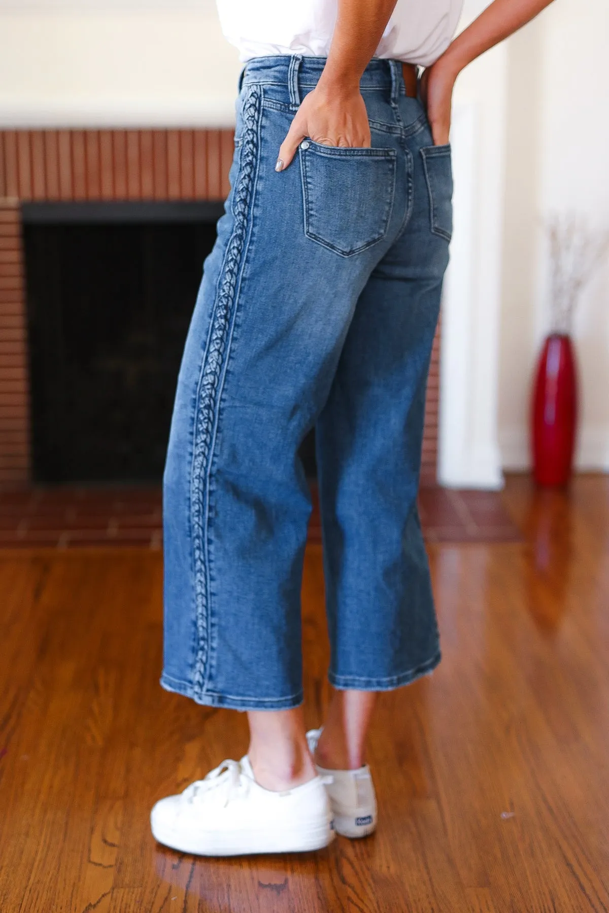 Judy Blue Medium Wash Braided Cropped Wide Leg Jeans sold by Charming Charlie product image thumbnail 4