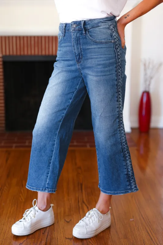 Judy Blue Medium Wash Braided Cropped Wide Leg Jeans sold by Charming Charlie