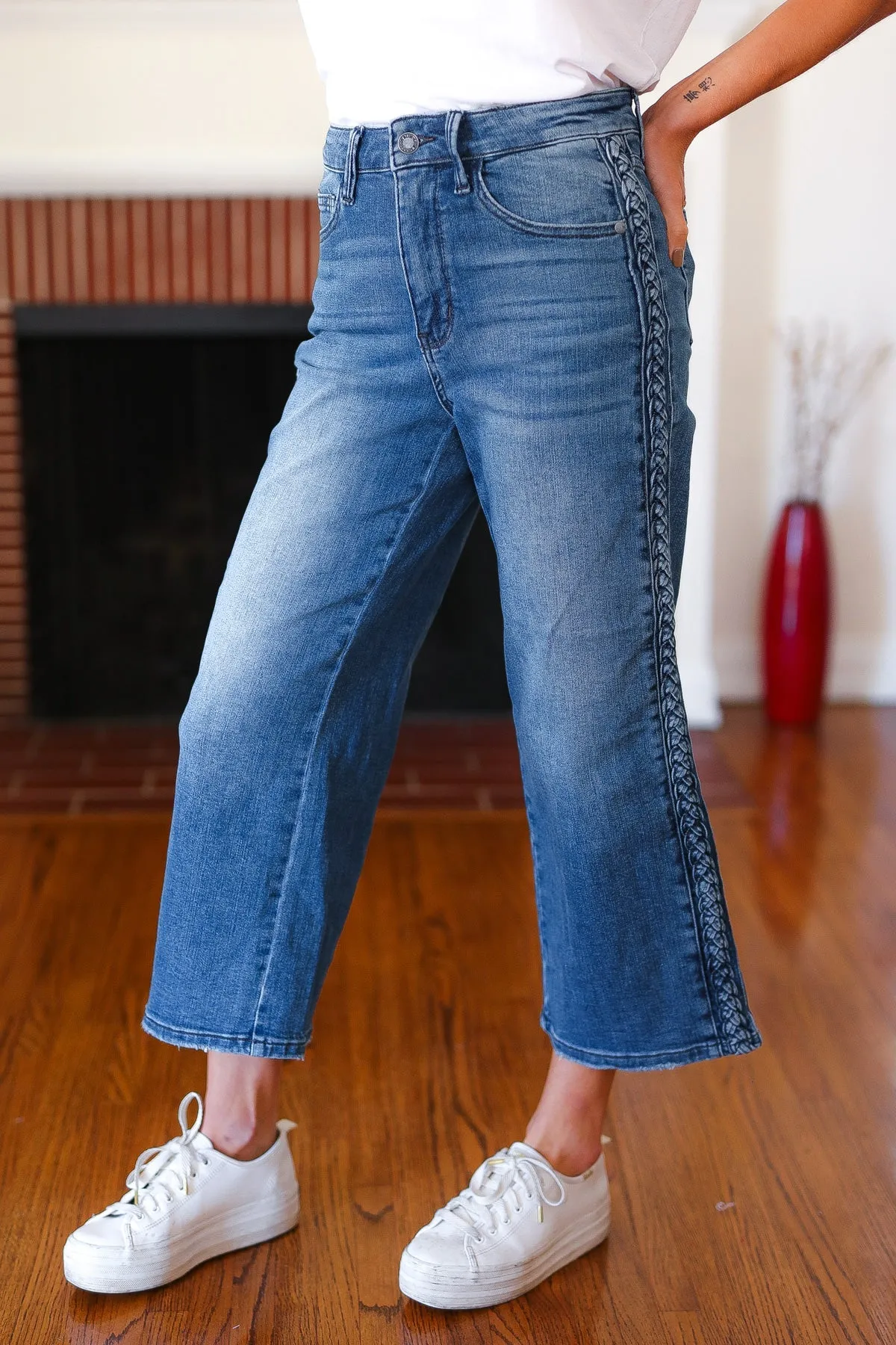 Judy Blue Medium Wash Braided Cropped Wide Leg Jeans sold by Charming Charlie