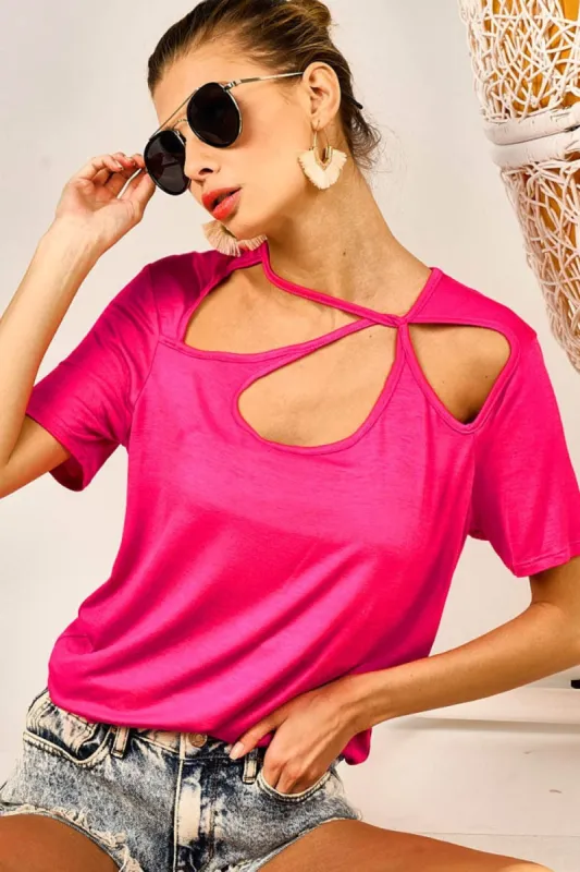 BiBi Cutout Asymmetrical Neck Short Sleeve T-Shirt sold by Charming Charlie