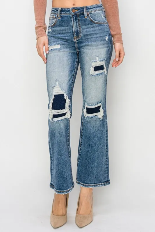 Risen Full Size High Rise Distressed Ankle Flare Jeans sold by Charming Charlie