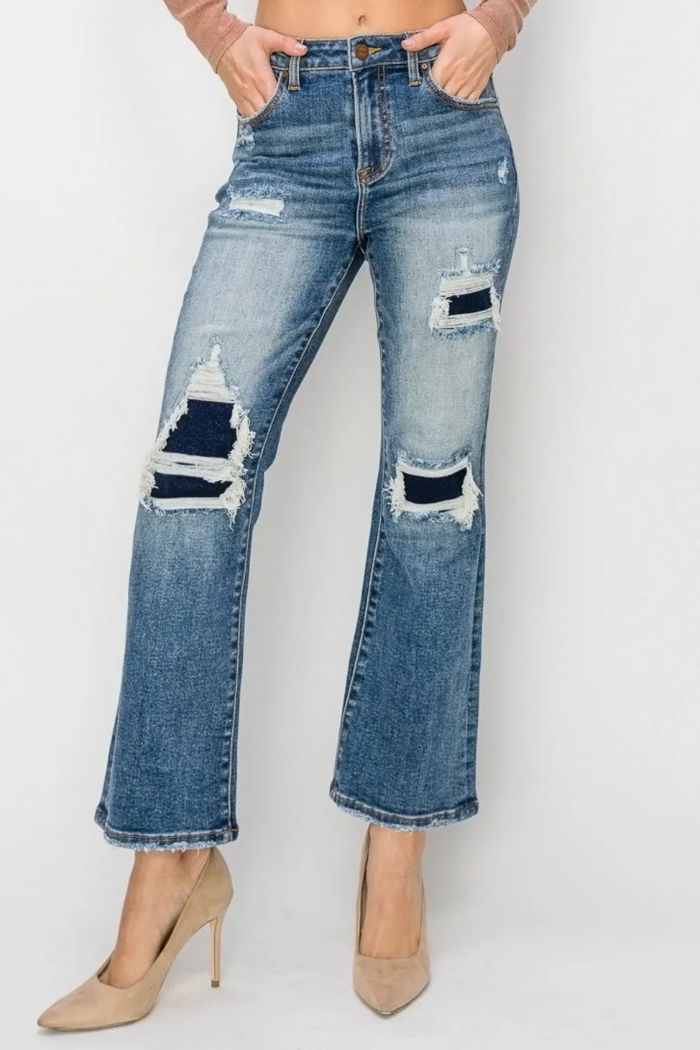 Risen Full Size High Rise Distressed Ankle Flare Jeans sold by Charming Charlie product image thumbnail 4