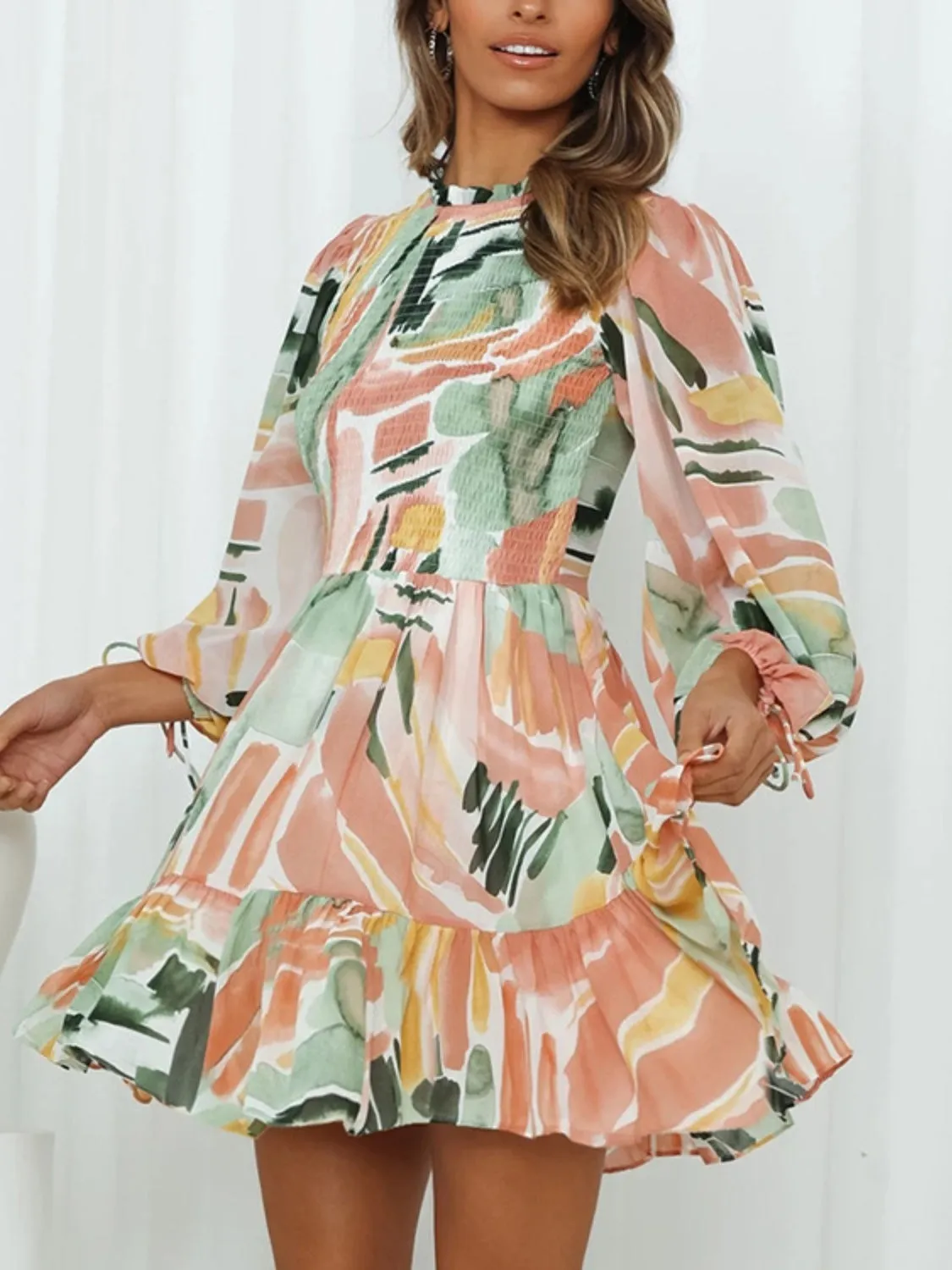 Printed Mock Neck Balloon Sleeve Mini Dress sold by Charming Charlie product image thumbnail 5