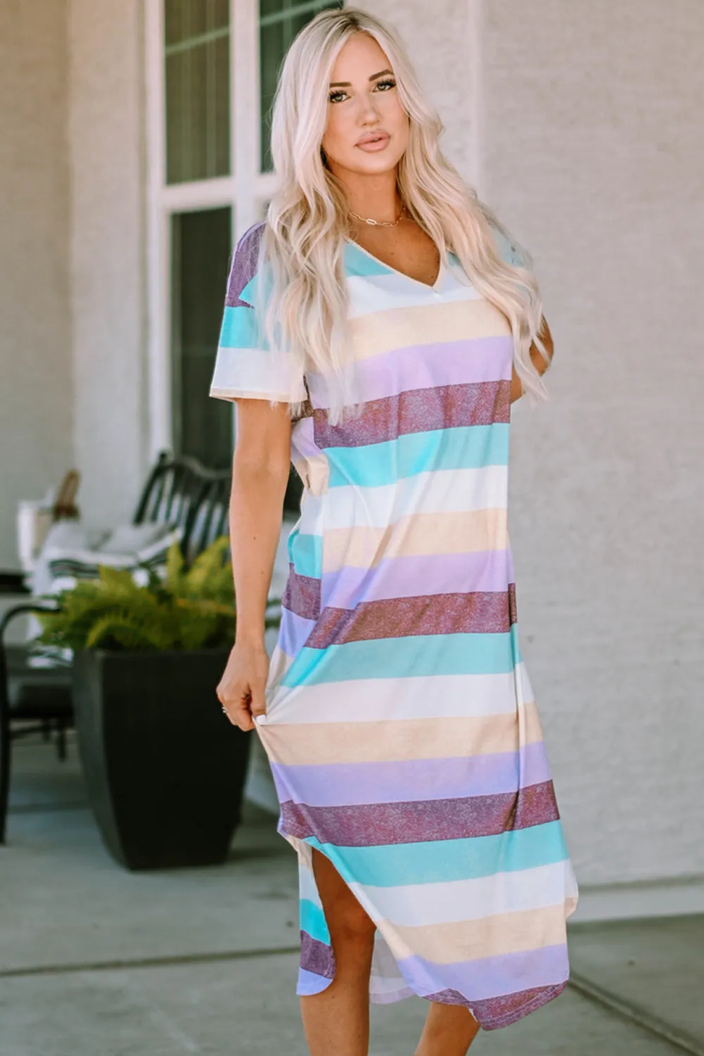 Striped V-Neck Curved Hem Midi Dress sold by Charming Charlie