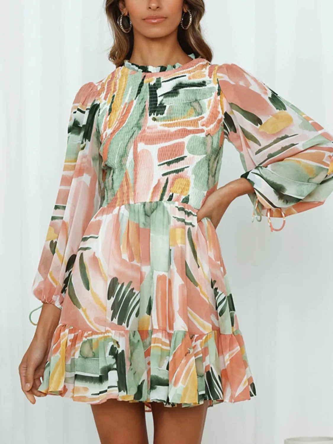 Printed Mock Neck Balloon Sleeve Mini Dress sold by Charming Charlie