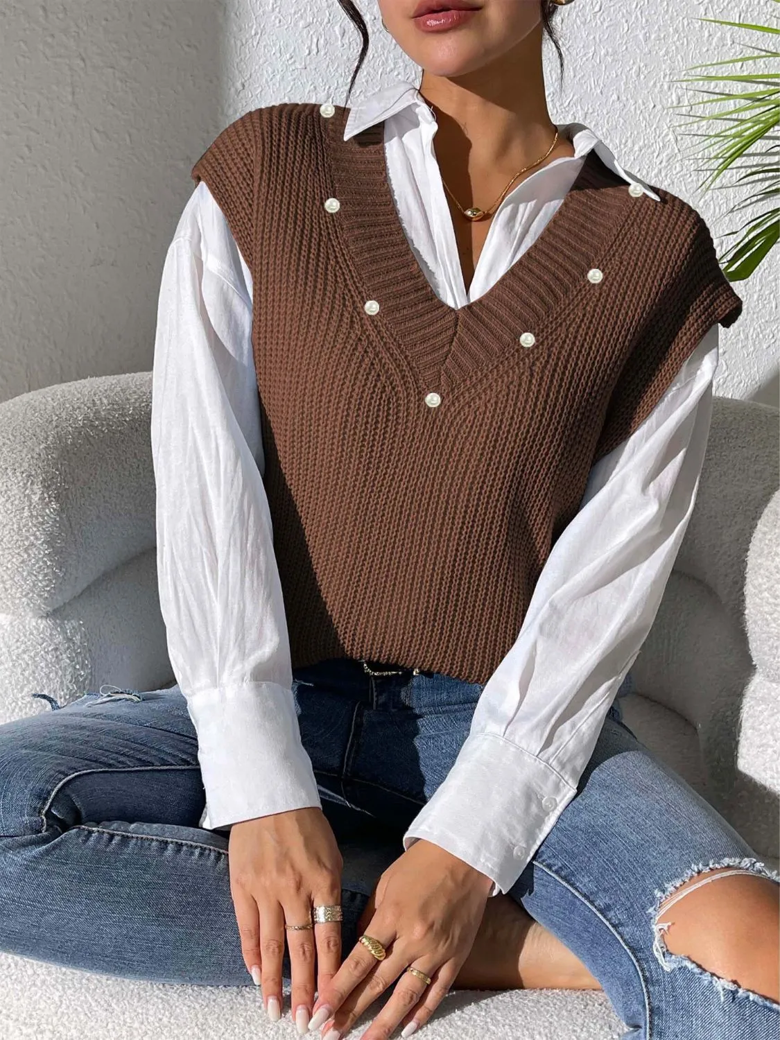 Pearl Trim V-Neck Sweater Vest sold by Charming Charlie product image thumbnail 3
