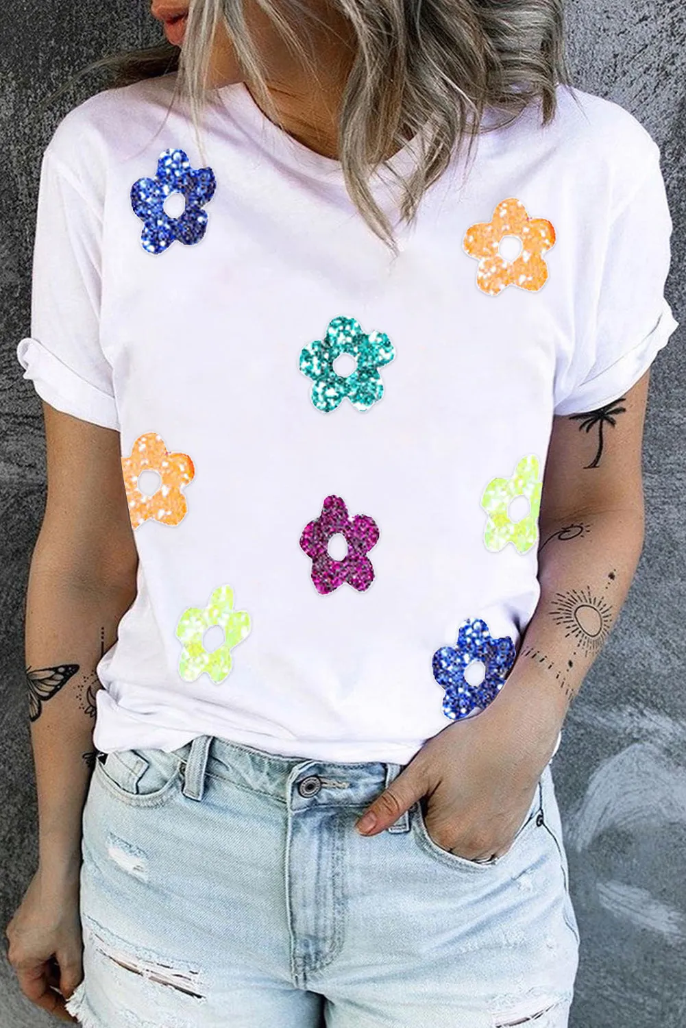 Sequin Flower Round Neck Short Sleeve T-Shirt sold by Charming Charlie