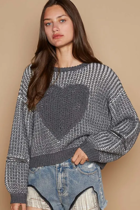 POL Round Neck Heart Patch Zipper Point Sleeve Sweater sold by Charming Charlie