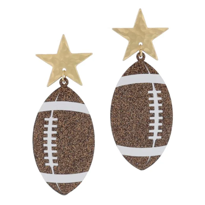 Gold Hammered Star Post and Large Brown Glitter Acrylic Football Earrings, 2.5" Top to Bottom sold by Charming Charlie