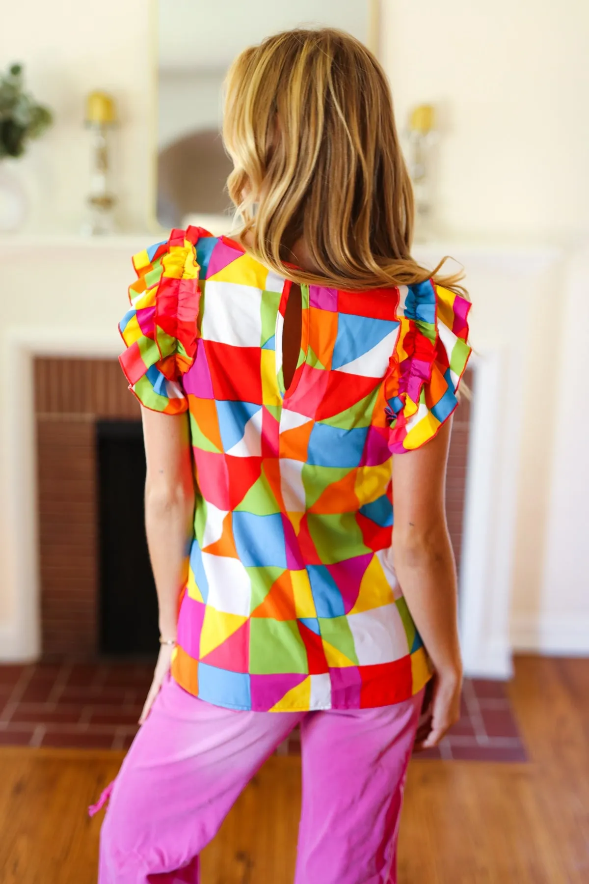 You Got This Red Geometric Print Double Ruffle Sleeve Top sold by Charming Charlie product image thumbnail 2