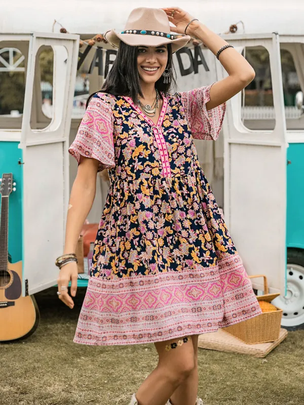 Printed V-Neck Short Sleeve Dress sold by Charming Charlie
