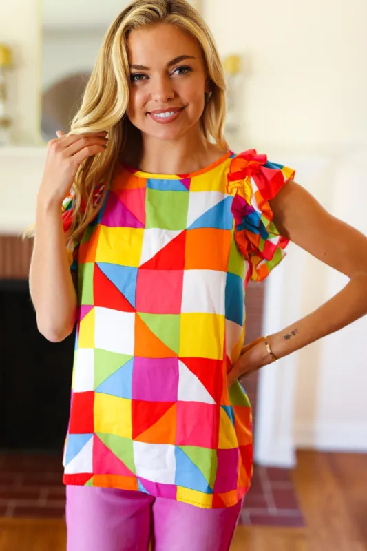 You Got This Red Geometric Print Double Ruffle Sleeve Top sold by Charming Charlie