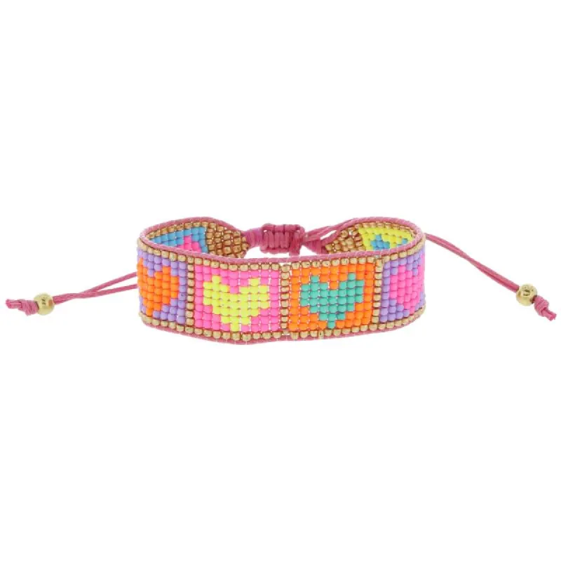 Multi Colorblock Heart Squares with Gold Woven Beaded Band Bracelet, .75" Wide sold by Charming Charlie