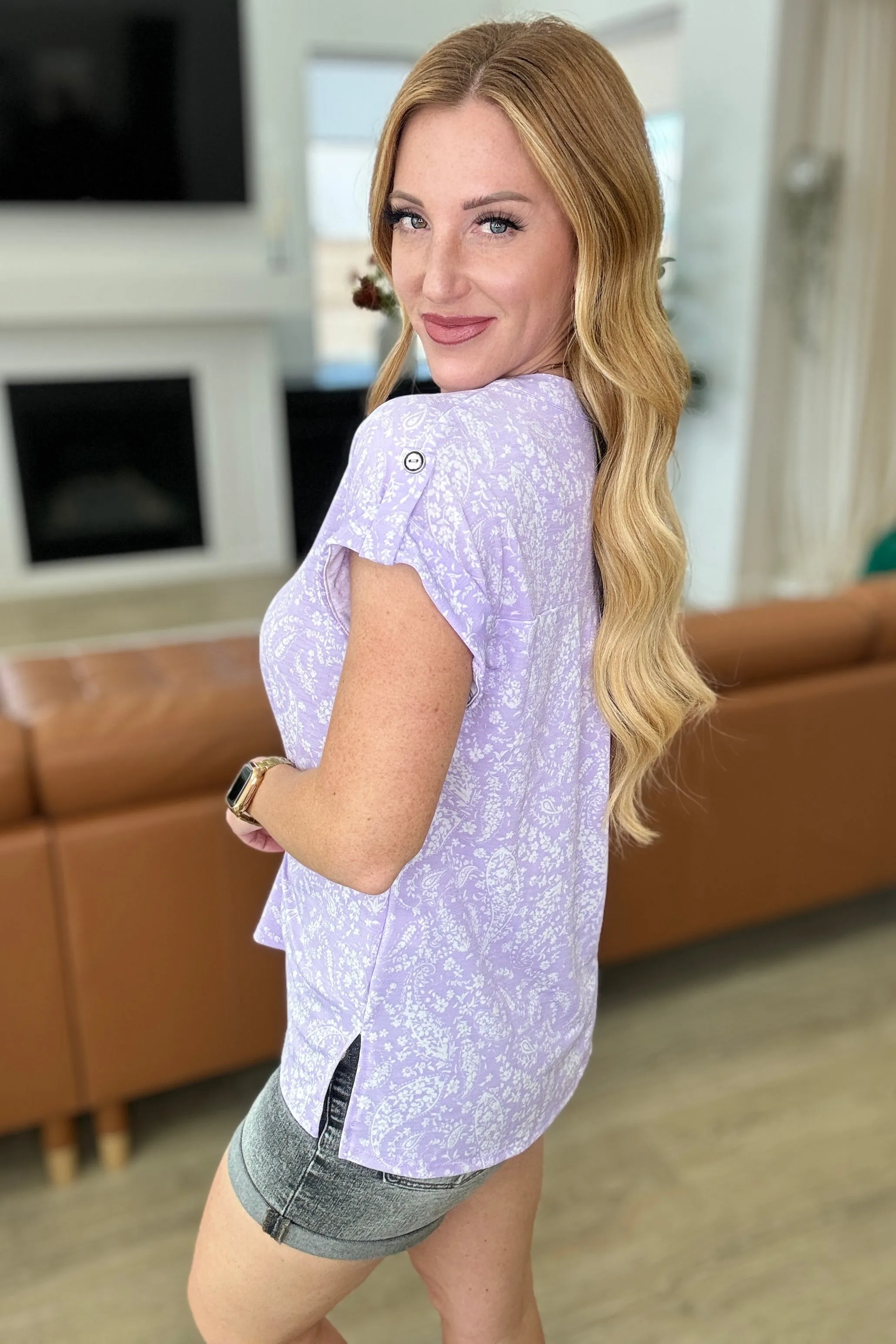 Lizzy Cap Sleeve Top in Lavender and White Floral sold by Charming Charlie product image thumbnail 5