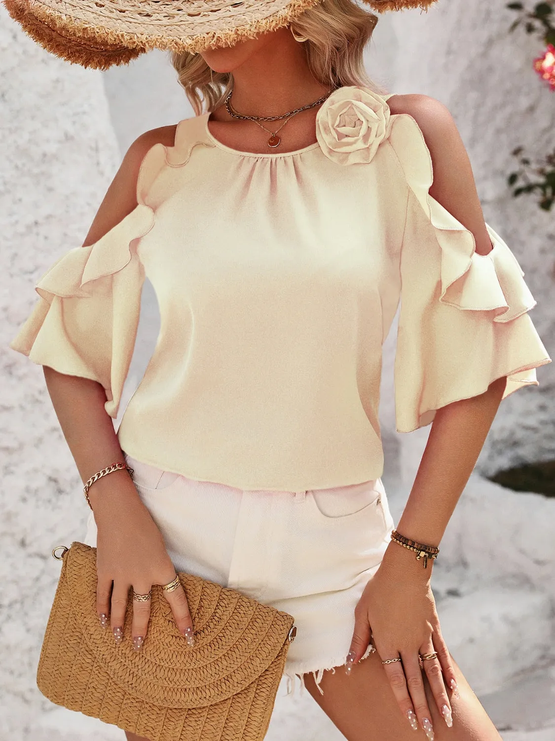 Ruffled Round Neck Half Sleeve Blouse sold by Charming Charlie product image thumbnail 4